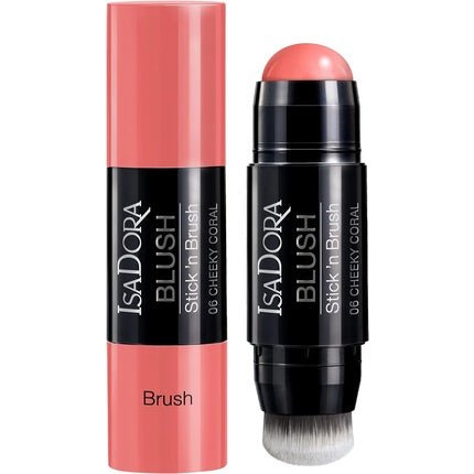 IsaDora Stick'n Brush Cream Blush Stick With Twist - Up Brush Shimmery Colorful Cream Blusher Stick Cruelty Free Creme Pink Blush Stick Make Up Blushers for Cheeks 06 Cheeky Coral - Maison des fragrances