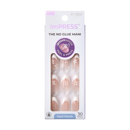 KISS imPRESS No Glue Press - On Nails French Fearless Light Neutral White Tip French Medium Size Almond Shape Includes 30 Nails Prep Pad Instructions Sheet Manicure Stick Mini File - Maison des fragrances