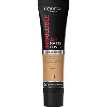 L'Oreal Paris Cover Liquid Foundation with 4% Niacinamide Long Lasting Natural Finish SPF 25 Infallible 32H Matte Cover Shade 260 30ml - Maison des fragrances