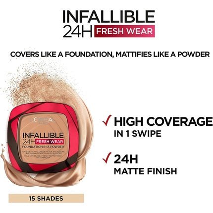 L'Oréal Paris Infallible 24H Fresh Wear Foundation in a Powder Full Coverage Longwear Weightless Smooth Finish Waterproof and Transfer - proof 9g 245 Golden Honey - Maison des fragrances