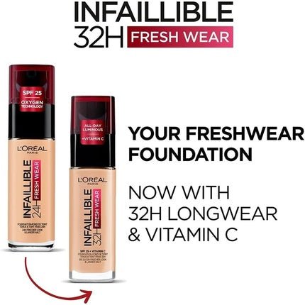 L'Oréal Paris Infallible 32H Fresh Wear Foundation Full Coverage Longwear Weightless Smooth Finish Water Proof Transfer Proof with Vitamin C SPF 25 30ml - Maison des fragrances