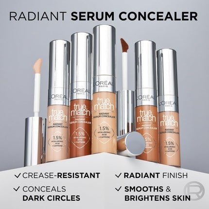 L'Oréal Paris Serum Concealer Medium Coverage Radiant Finish with 1.5% Hyaluronic Acid and Caffeine True Match 10ml 9N - Maison des fragrances