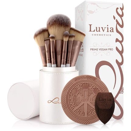 Luvia Prime Vegan Pro Makeup Brush Set 12 Brushes with Storage, Blender Sponge, and Cleaning Mat - Pearl & Coffee - Maison des fragrances