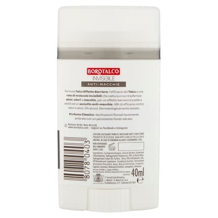 Borotalco Deodorant Stick Invisible Gray - Roll On Invisible Talc Barrier Effect 1.3 Fl Oz Made in Italy 40oz Unisex
