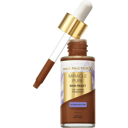 Max Factor Miracle Pure Serum Foundation 100-110 Very Deep 2-in-1 Serum Formula Medium Coverage Satin Matte Finish 2% Niacinamide Dermatologically Tested - Max Factor
