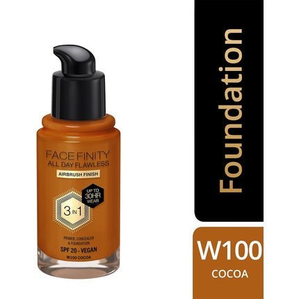 Max Factor Facefinity 3 - in - 1 All Day Flawless Foundation SPF 20 100 Cocoa 30ml - Maison des fragrances