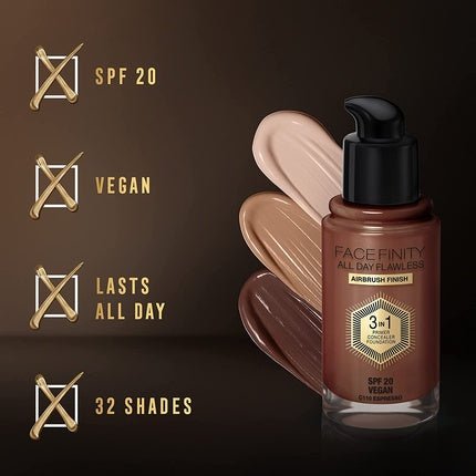 Max Factor Facefinity 3 - in - 1 All Day Flawless Liquid Foundation SPF 20 30ml 110 Espresso - Maison des fragrances