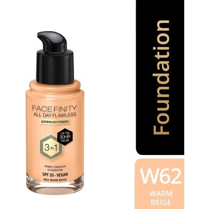 Max Factor Facefinity 3 - in - 1 All Day Flawless Liquid Foundation SPF 20 62 Warm Beige 30ml - Maison des fragrances