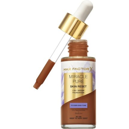 Max Factor Miracle Pure Serum Foundation 95 - 100 Deep to Very Deep 2 - in - 1 Serum Formula Medium Coverage Satin Matte Finish 2% Niacinamide Dermatologically Tested - Maison des fragrances