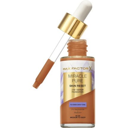 Max Factor Miracle Pure Skin Reset Serum Foundation 85 - 90 Medium to Deep 2 - in - 1 Serum Formula Healthy Looking Skin Medium Coverage Satin Matte Finish 2% Niacinamide Dermatologically Tested - Maison des fragrances