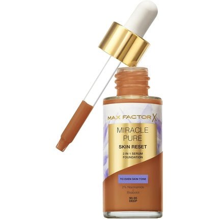 Max Factor Miracle Pure Skin Reset Serum Foundation 90 - 95 Deep 2 - in - 1 Serum Formula Medium Coverage Satin Matte Finish 2% Niacinamide Dermatologically Tested - Maison des fragrances