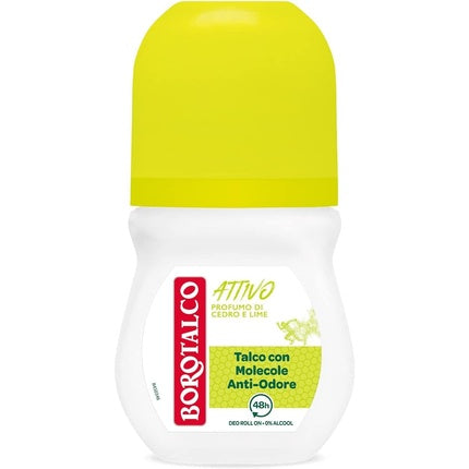 Borotalco Deodorant Roll On Active Yellow Alcohol-Free with Talc and Anti-Odor Molecules 48h Cedar and Lime Scent 50ml Italian Gourmet E.R