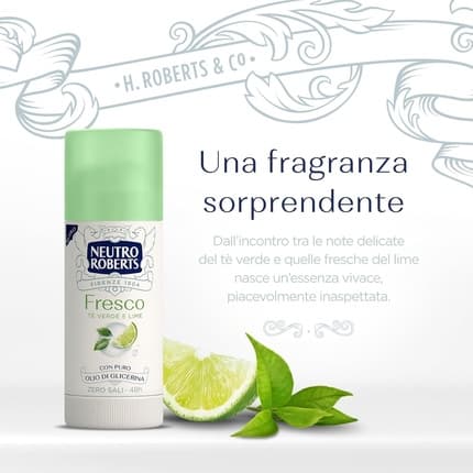Neutro Roberts Deodorant Stick Fresh Green Green Tea and Lime Zero Aluminum Salts No Stains with Pure Glycerin Oil Deodorant and Dermatologically Tested 48h Green Tea and Lime Déodorant (Déo) Femme 40ml