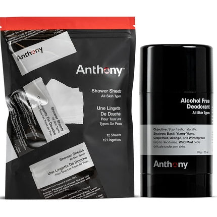 Anthony Shower Sheets 12 Sheets and Anthony Alcohol Free Deodorant 2.5 Fl Oz Anthony