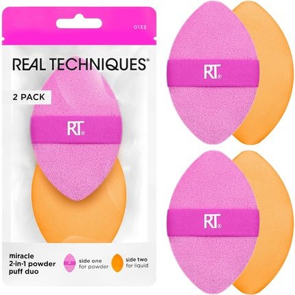 Real Techniques Miracle 2 - In - 1 Powder Puff Dual - Sided Full - Size Makeup Blending Puff Reversible Elastic Band Precision Tip Makeup Sponge & Powder Puff For Liquid Cream & Powder - Maison des fragrances