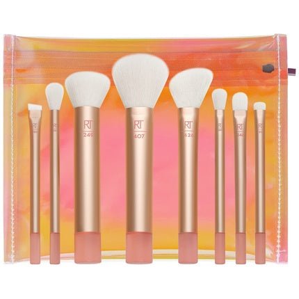 Real Techniques The Wanderer Makeup Brush Set Premium and Professional Soft Bristles for Foundations Powders Concealers 9 - Piece Set Gold - Maison des fragrances