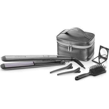 Remington PRO - Ceramic Titanium Hair Straightener Gift Set with Cosmetic Bag, Paddle Brush, Makeup Mirror, Hair Clips - Gray - Maison des fragrances