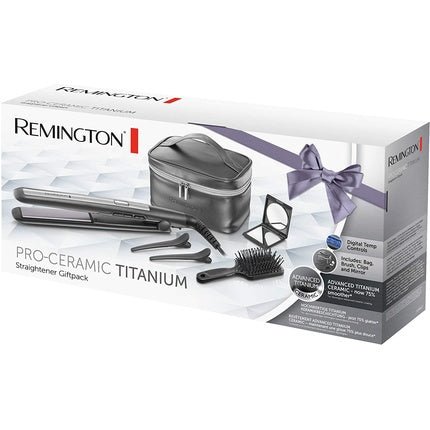 Remington PRO - Ceramic Titanium Hair Straightener Gift Set with Cosmetic Bag, Paddle Brush, Makeup Mirror, Hair Clips - Gray - Maison des fragrances