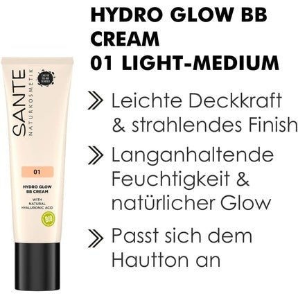 SANTE Naturkosmetik Hydro Glow BB Cream 01 Light Medium with Hylauron and Organic Extracts 30ml - Maison des fragrances