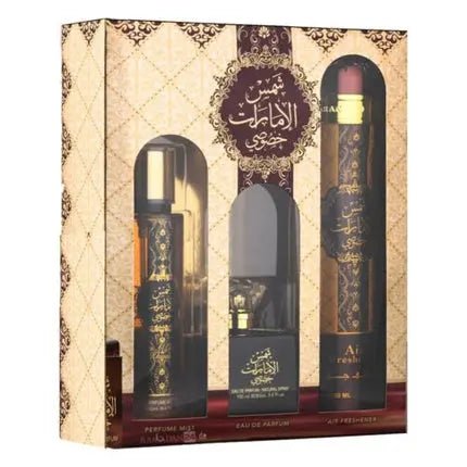 Shams Al Emarat Khususi Gift Set 100ml - Eau de Parfum Room Spray Body Spray - Maison des fragrances
