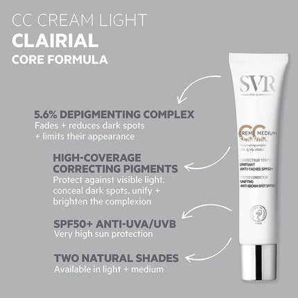 SVR CLAIRIAL CC Cream SPF50+ 3 - in - 1 Tinted Brown Spot Correcting Unifying Face Concealer 40ml Medium - Maison des fragrances